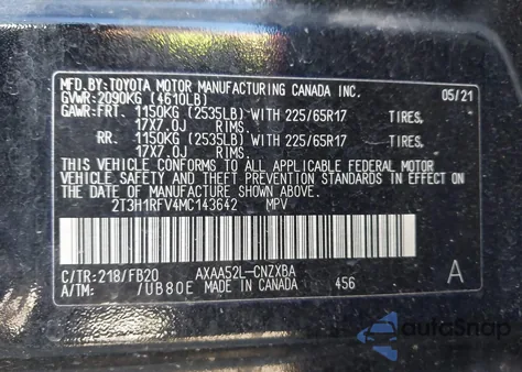 2021 Toyota Rav4 Le из США, поврежденный, VIN 2T3H1RFV4MC143642